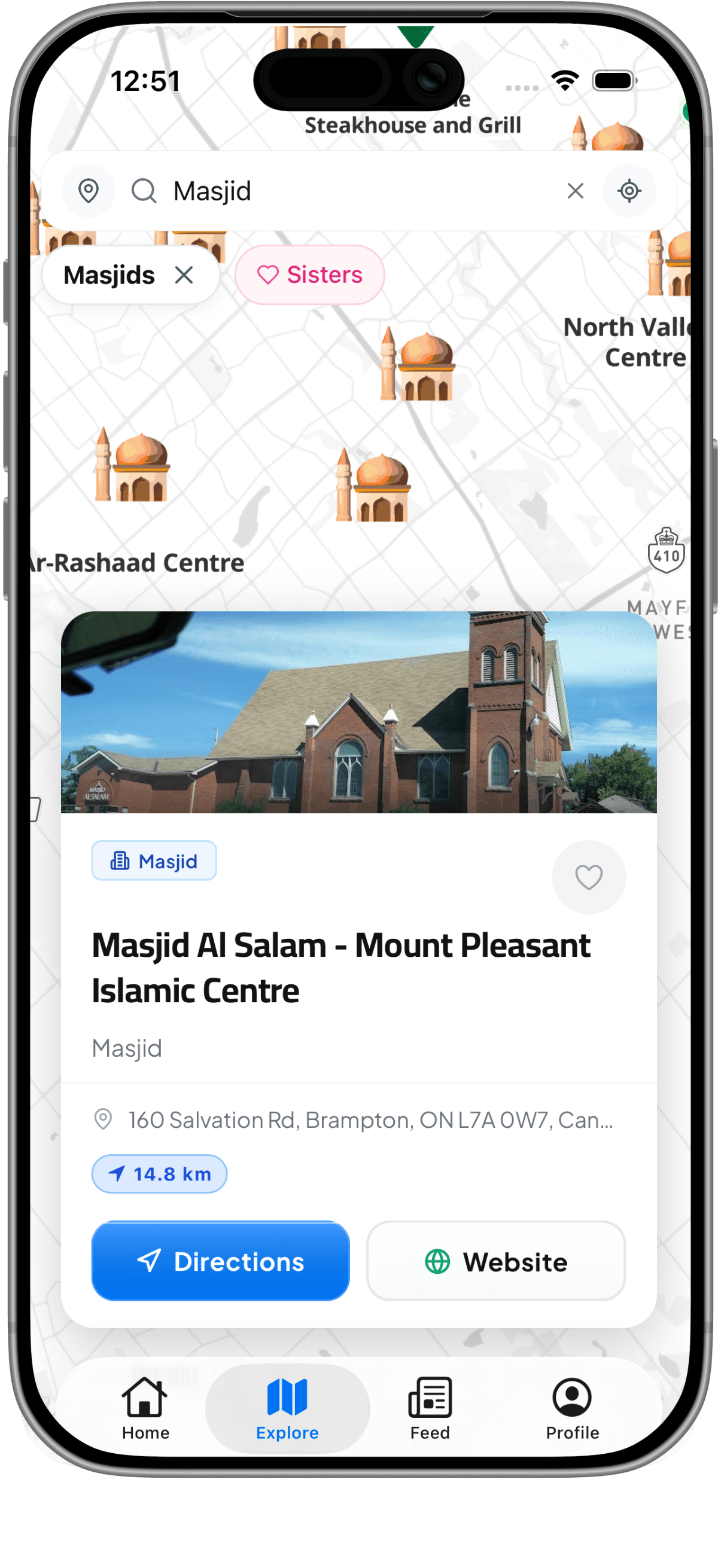 Halaali app showing masjids map with filters